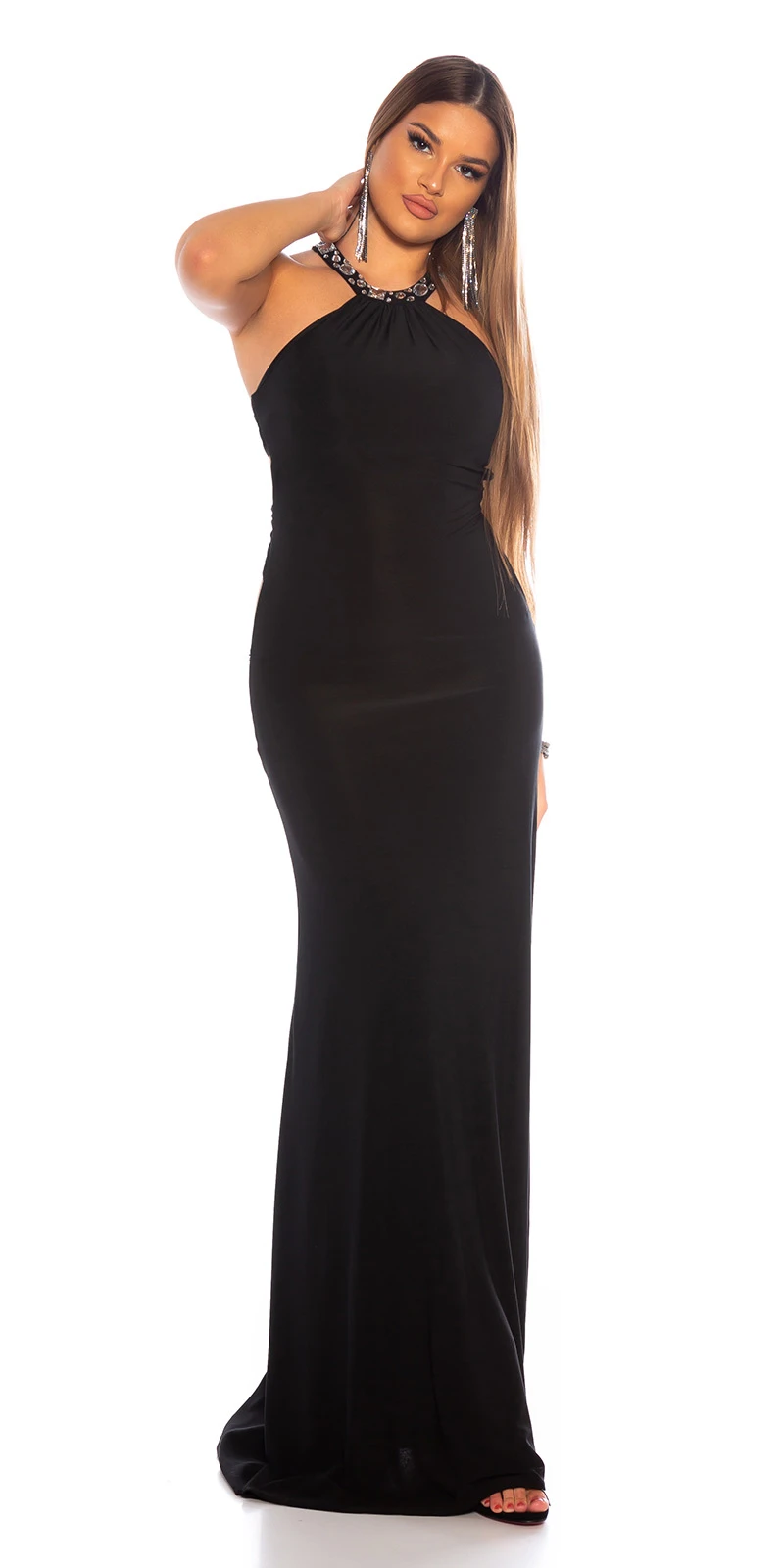 Fashion Maxi Cocktail Kleid im Neckholder Look mit Deko Strass Fashion Maxi Cocktail Kleid im Neckholder Look mit Deko Strass