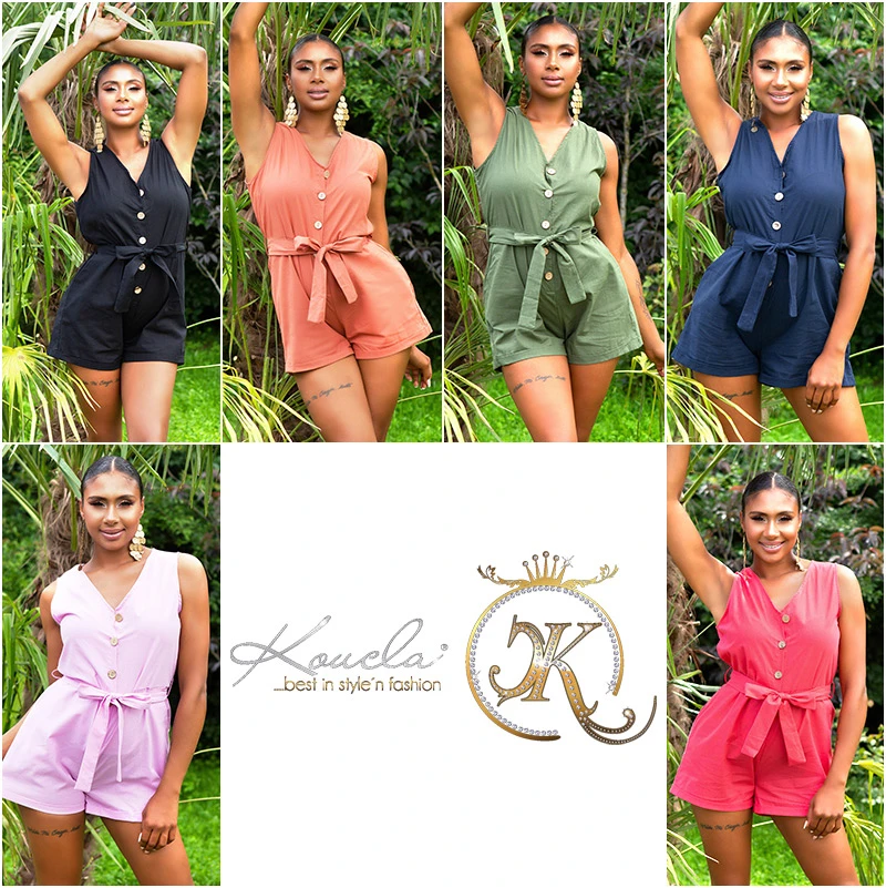 Sommer V-Neck Cotton Jumpsuit Ärmellos mit Deko Knöpfe und Gürtel