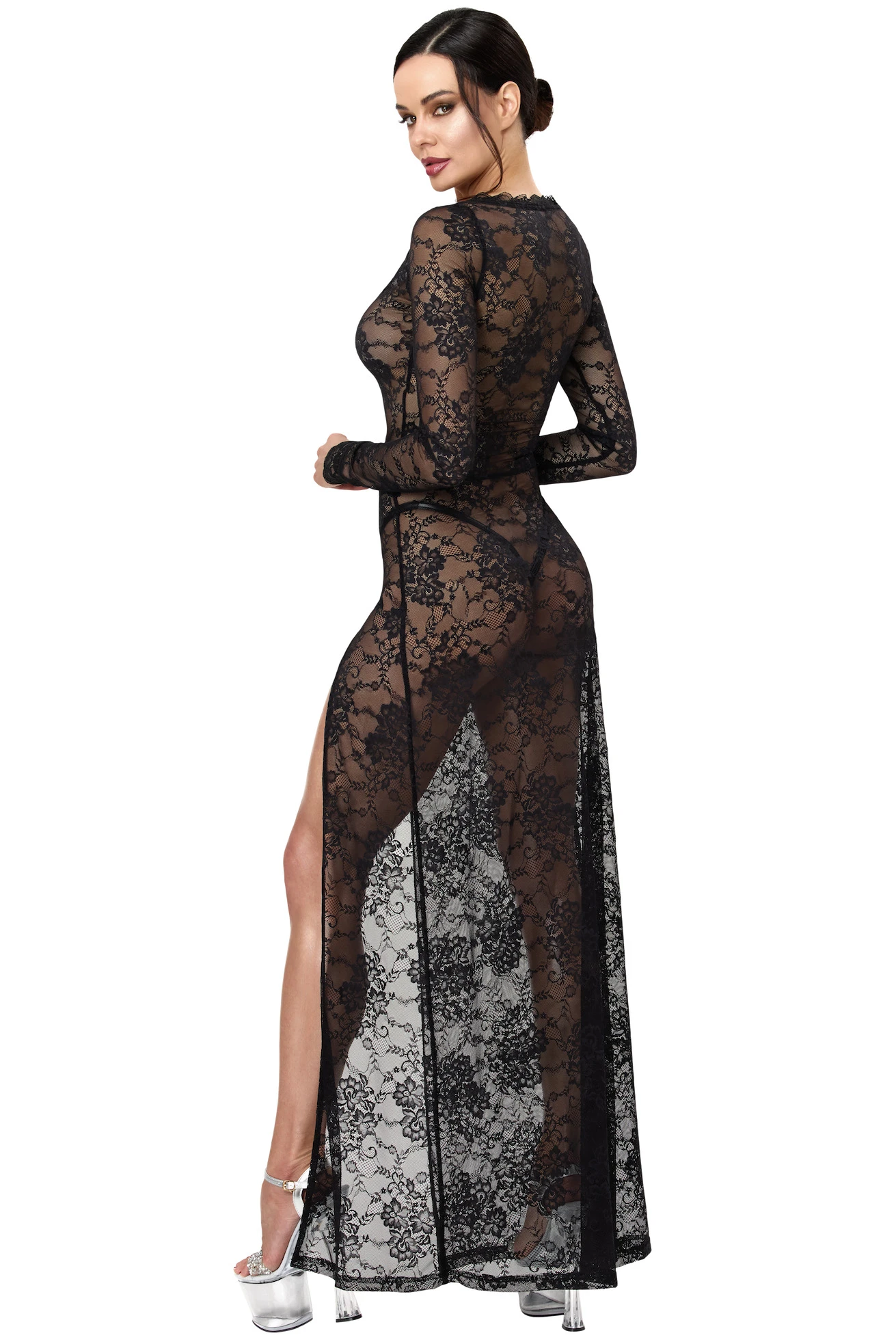 Maxikleid aus transparenter Spitze - Noir Handmade F405 One More Kiss - sexy in Schwarz mit tiefem Ausschnitt und hohem Beinschlitz