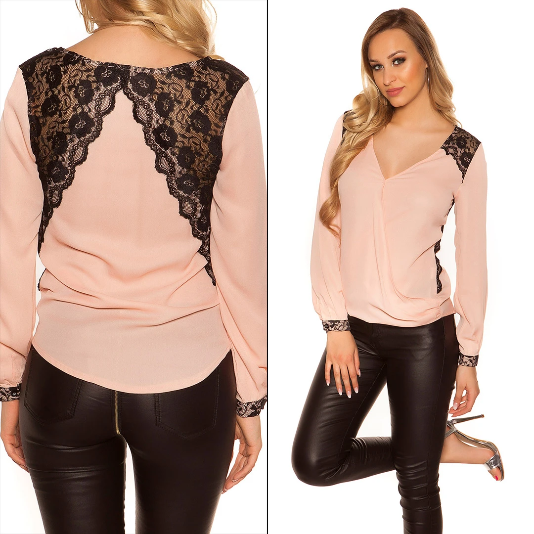 Beautiful Schlupf-Bluse im Wickel-Look mit Spitzen-Einsatz Beautiful Schlupf-Bluse im Wickel-Look mit Spitzen-Einsatz