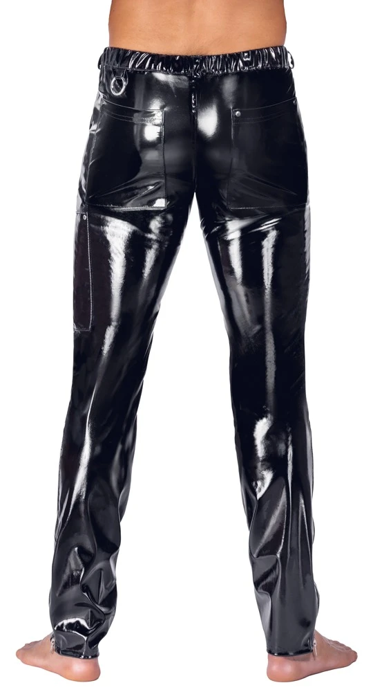 Black Level schwarze enge Kinky Lack-Herren Hose mit silberfarbenen Metall-Details, unterlegtem Front-Reißverschluss, Zip-Taschen an den Beinen und markantem Glanzlook