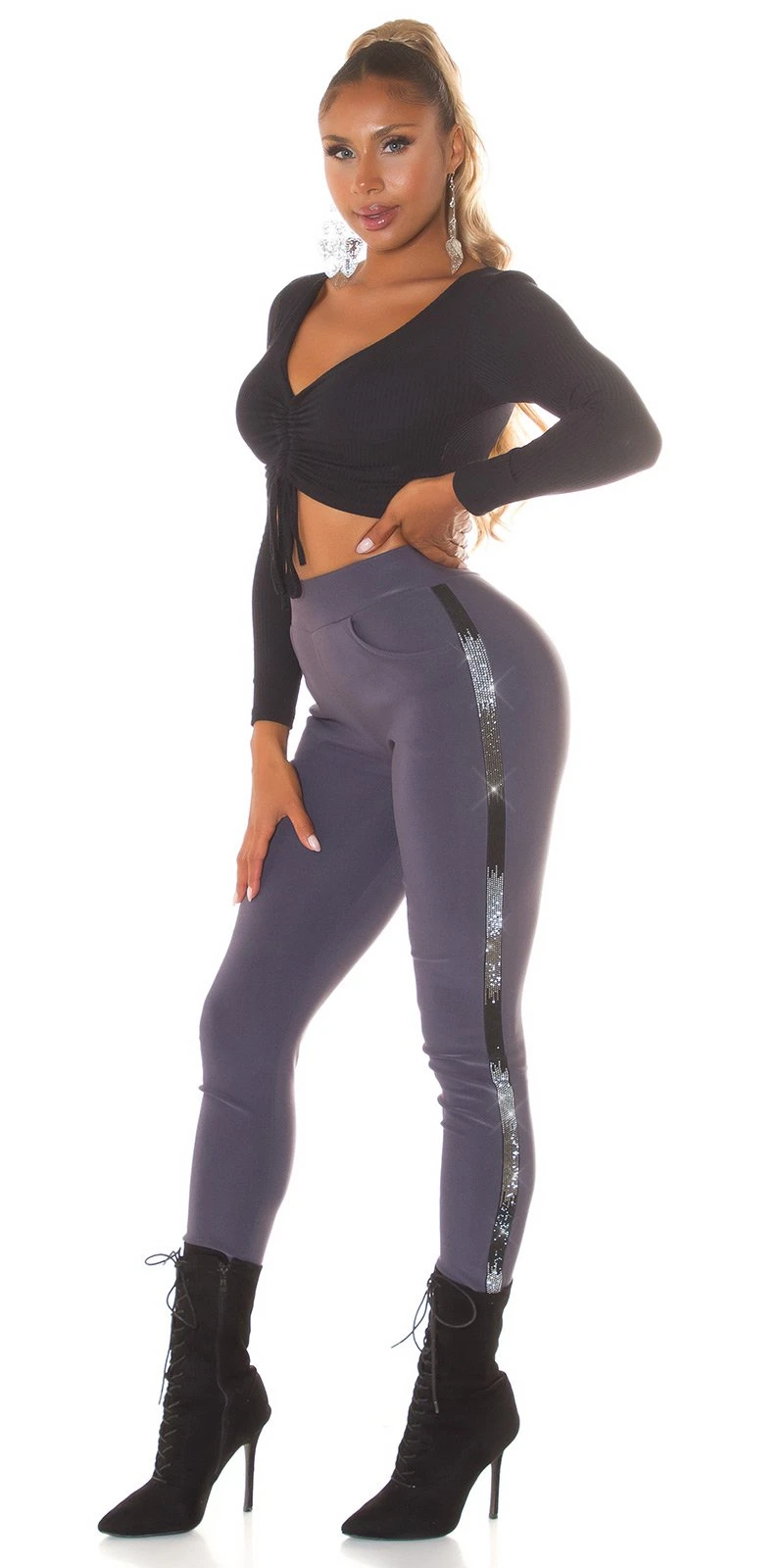 Chic High Waist Stretch Treggings mit Glitzer-Streifen Chic High Waist Stretch Treggings mit Glitzer-Streifen