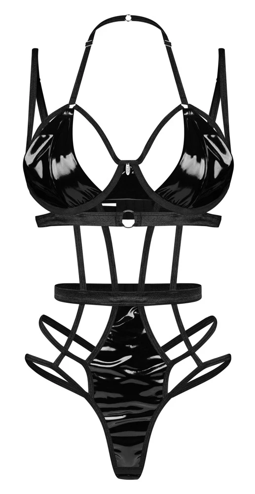 Body Keira Lise – schwarzer Stringbody in aufregender Riemen-Optik mit glänzenden Lack-Einsätzen, silberfarbenen Ringen und verstellbaren Trägern von Obsessive Body Keira Lise – schwarzer Stringbody in aufregender Riemen-Optik mit glänzenden Lack-Einsätzen, silberfarbenen Ringen und verstellbaren Trägern von Obsessive