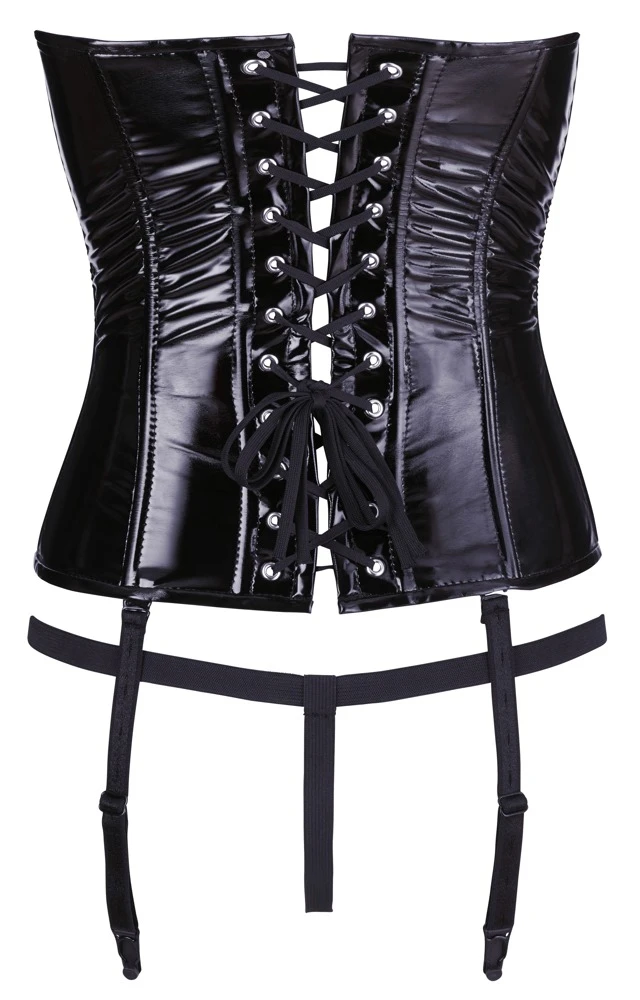 Trägerlose Vollbrust-Corsage von Black Level im schwarzen Lackglanz mit verstell- und sogar ganz abnehmbaren Strumpfhaltern. Trägerlose Vollbrust-Corsage von Black Level im schwarzen Lackglanz mit verstell- und sogar ganz abnehmbaren Strumpfhaltern.
