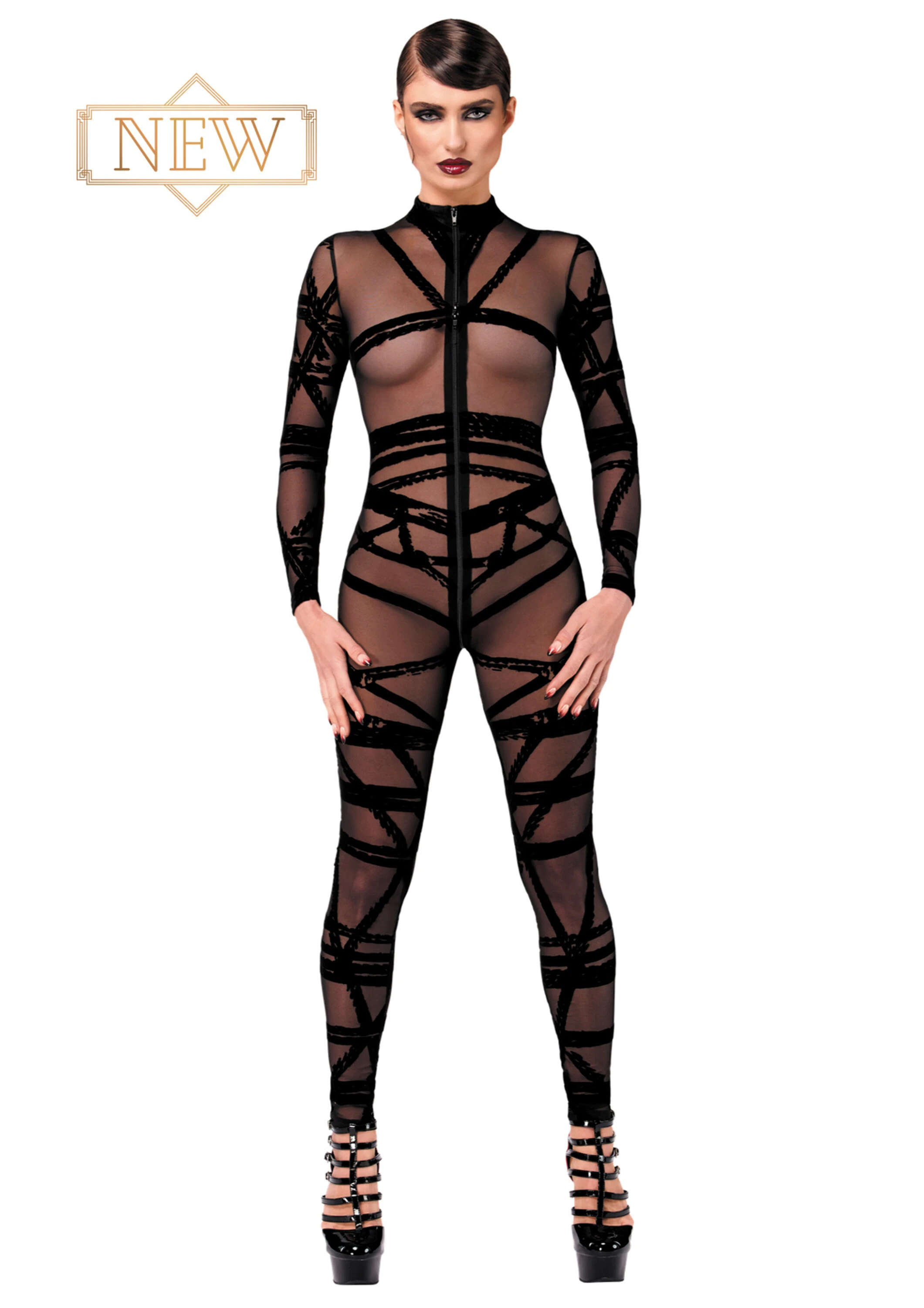 Bondesque Kinky Catsuit Noir Handmade F357 aus weichem, elastischem Tüll mit Shibari-Flock, langen Ärmeln und praktischem Drei-Wege-Reißverschluss für einen kraftvollen, stilvollen Look