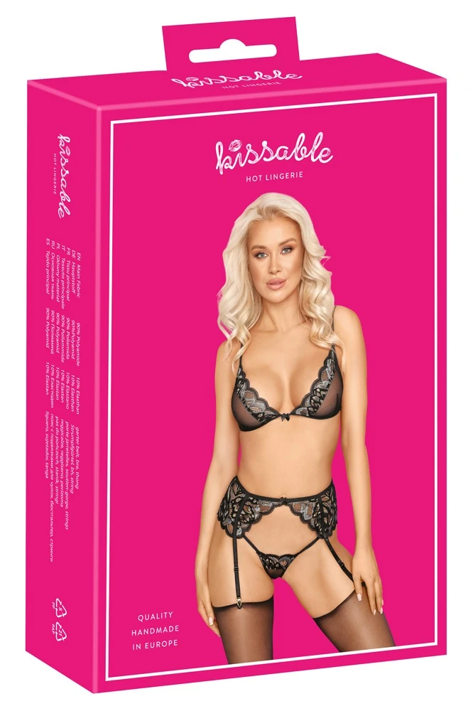kissable BH Strapsset, Lingerie Set mit Soft-BH, Strapsgurt & String, Effektspitze im Mix mit Powernet