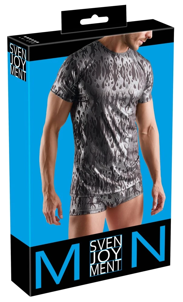 Kurzarm-Shirt Schwarz-Silber Svenjoyment im Mystic-Metallic-Look – hautnah betont, sexy schimmernd und elastisch für maskuline Ausstrahlung