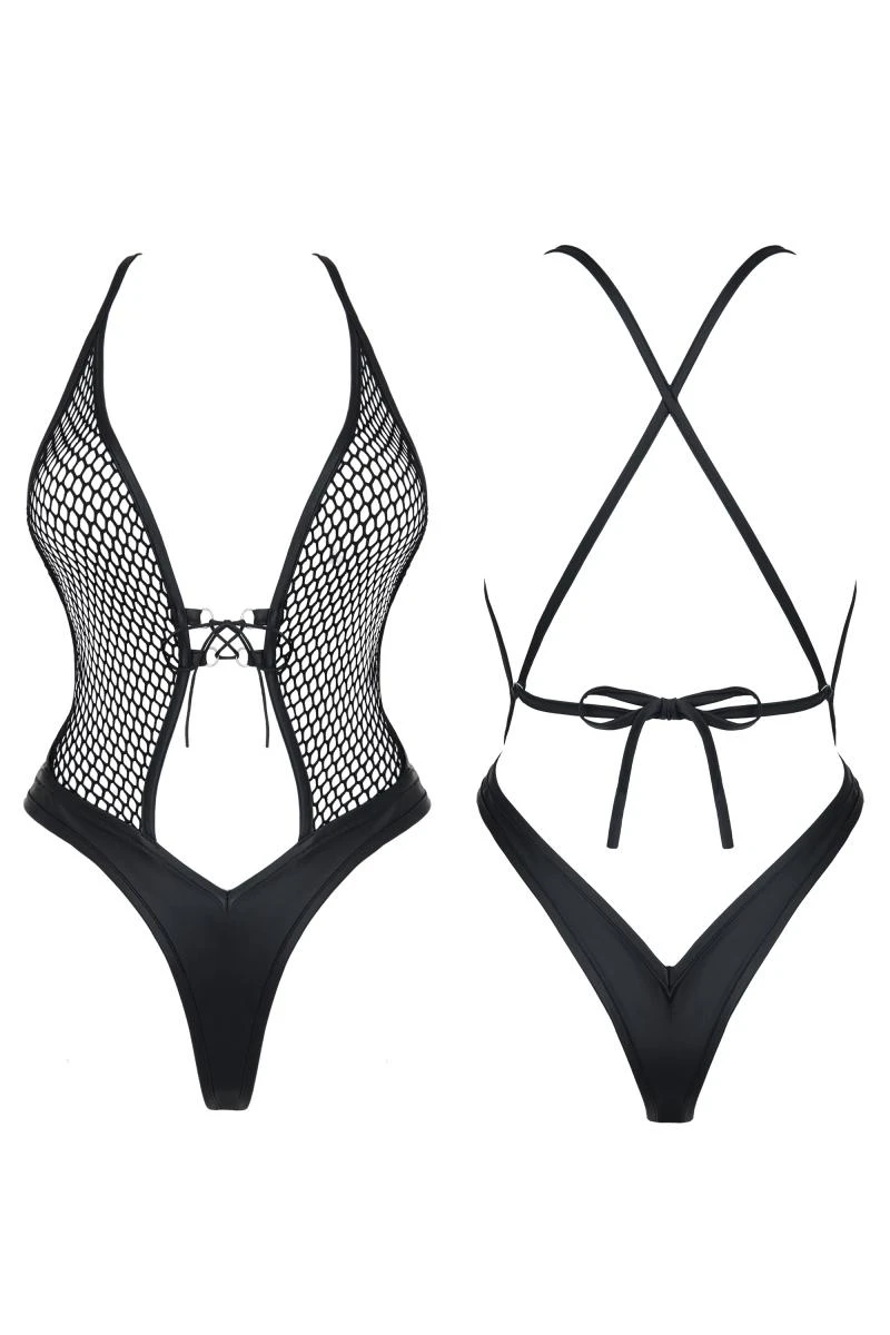 Sexy Wetlook Netz-Body mit Tights Dark Desire Collection