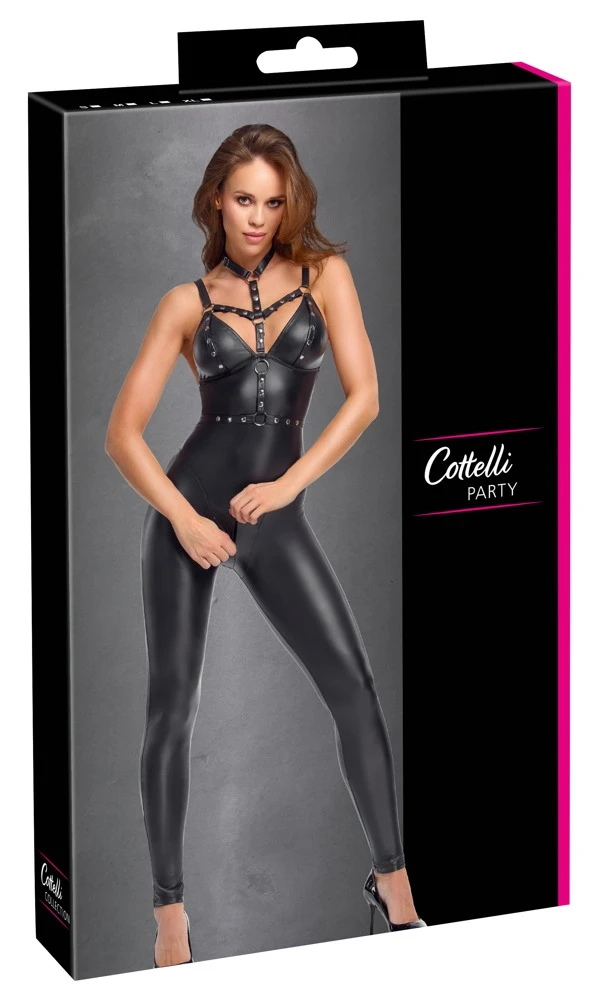Cottelli Kinky Träger-Overall im schwarzen Mattlook mit abnehmbarem Brust-Harness, silberfarbenen Metall-Details, Soft-Cups mit Druckknöpfen und aufregendem 3-Wege-Reißverschluss durch den Schritt