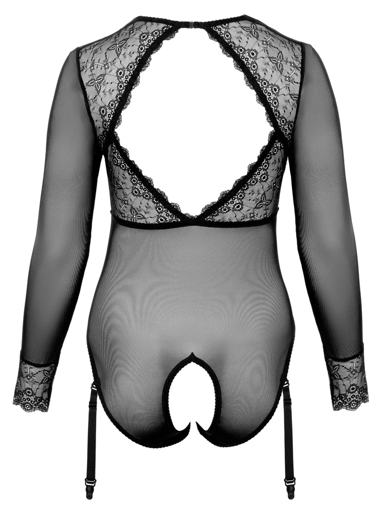 Cottelli transparenter Langarm-Body mit Spitzen-Einsätzen und verlockender Ouvert-Öffnung