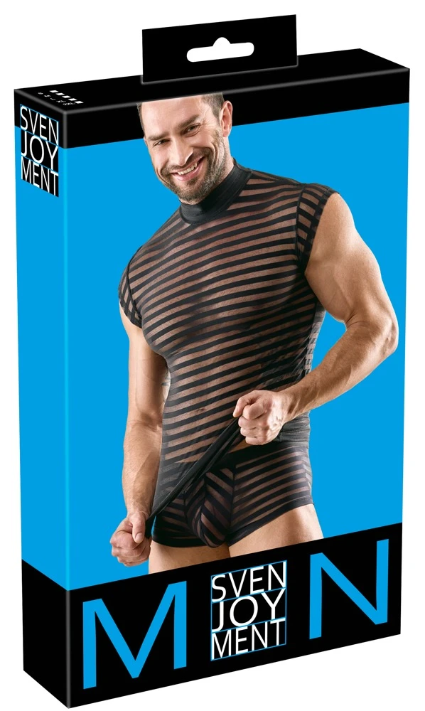 Herren Shirt Svenjoyment Shirt schwarz transparent mit Stehkragen – maskuliner Querstreifen-Look, figurbetont und elastisch