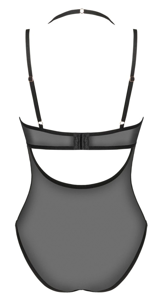 Obsessive Schwarzer eleganter Body Selinne aus feinem weichen Stretch-Netz. Blickdichte Cups aus softer Mikrofaser mit Cup-Bügeln in Kontrastfarbe Rosa.