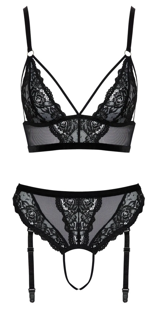Cottelli LINGERIE Bralette BH und Straps-Slip Spitze und Powernet schwarz