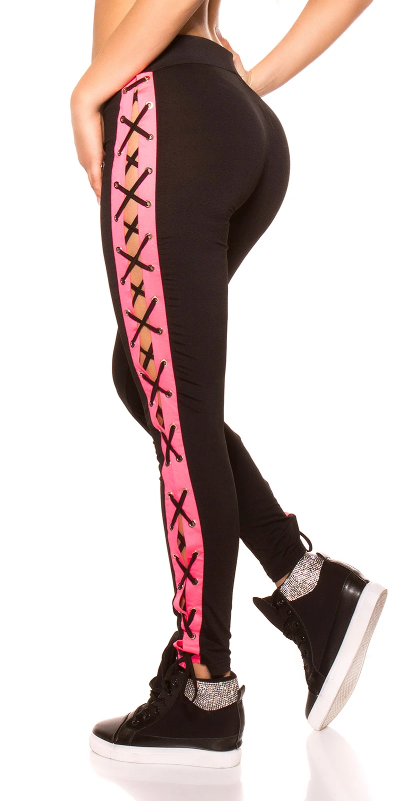 Sporty Workout Jersey Leggings mit seitlichem Kontrast und Schnürung Sporty Workout Jersey Leggings mit seitlichem Kontrast und Schnürung