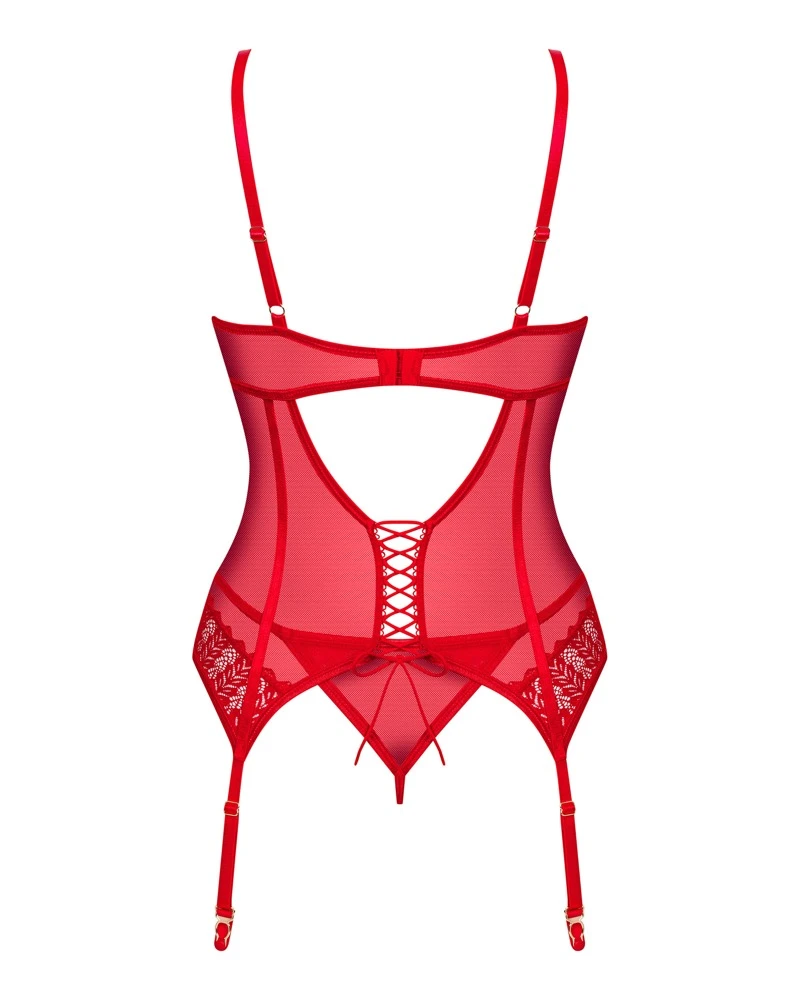 Obsessive Straps-Corsage und String im roten Set Ingridia. Straps-Corsage aus weicher elastischer Spitze und feinem Stretchtüll. Obsessive Straps-Corsage und String im roten Set Ingridia. Straps-Corsage aus weicher elastischer Spitze und feinem Stretchtüll.