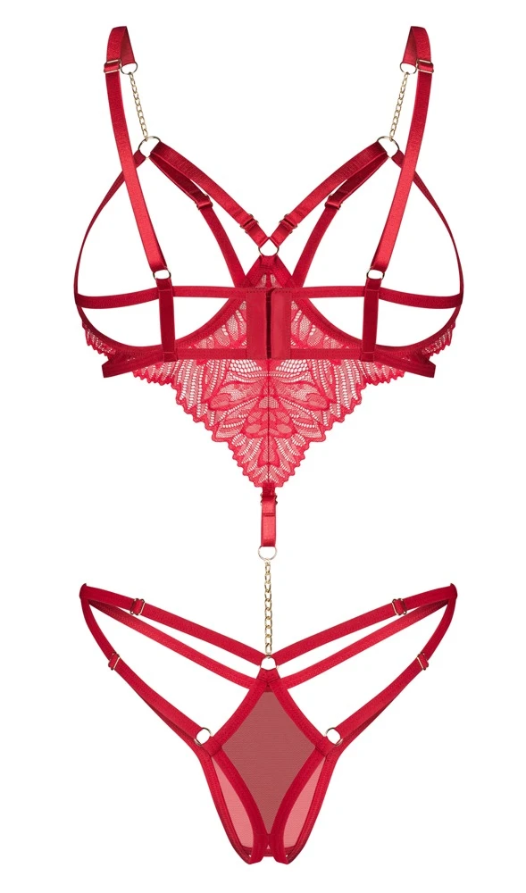 Body ouvert Matildea Sexy Lingerie in tiefem Rot mit feiner Spitze, goldenen Details und verstellbaren Riemen für eine aufregend offene Silhouette von Obsessive