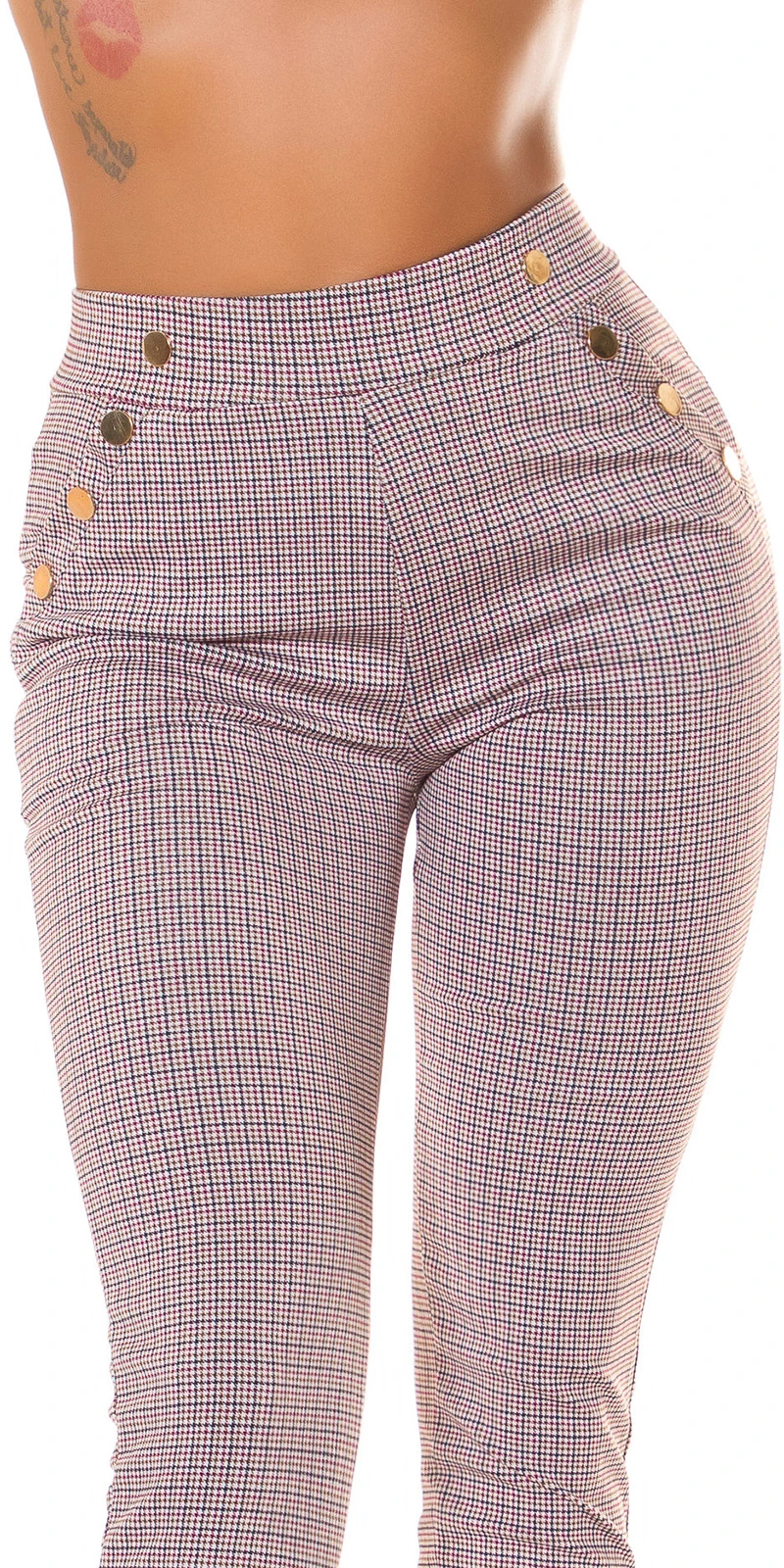 Karo Printed Skinny High Waist Leggings Hose mit Deko Knöpfe Karo Printed Skinny High Waist Leggings Hose mit Deko Knöpfe
