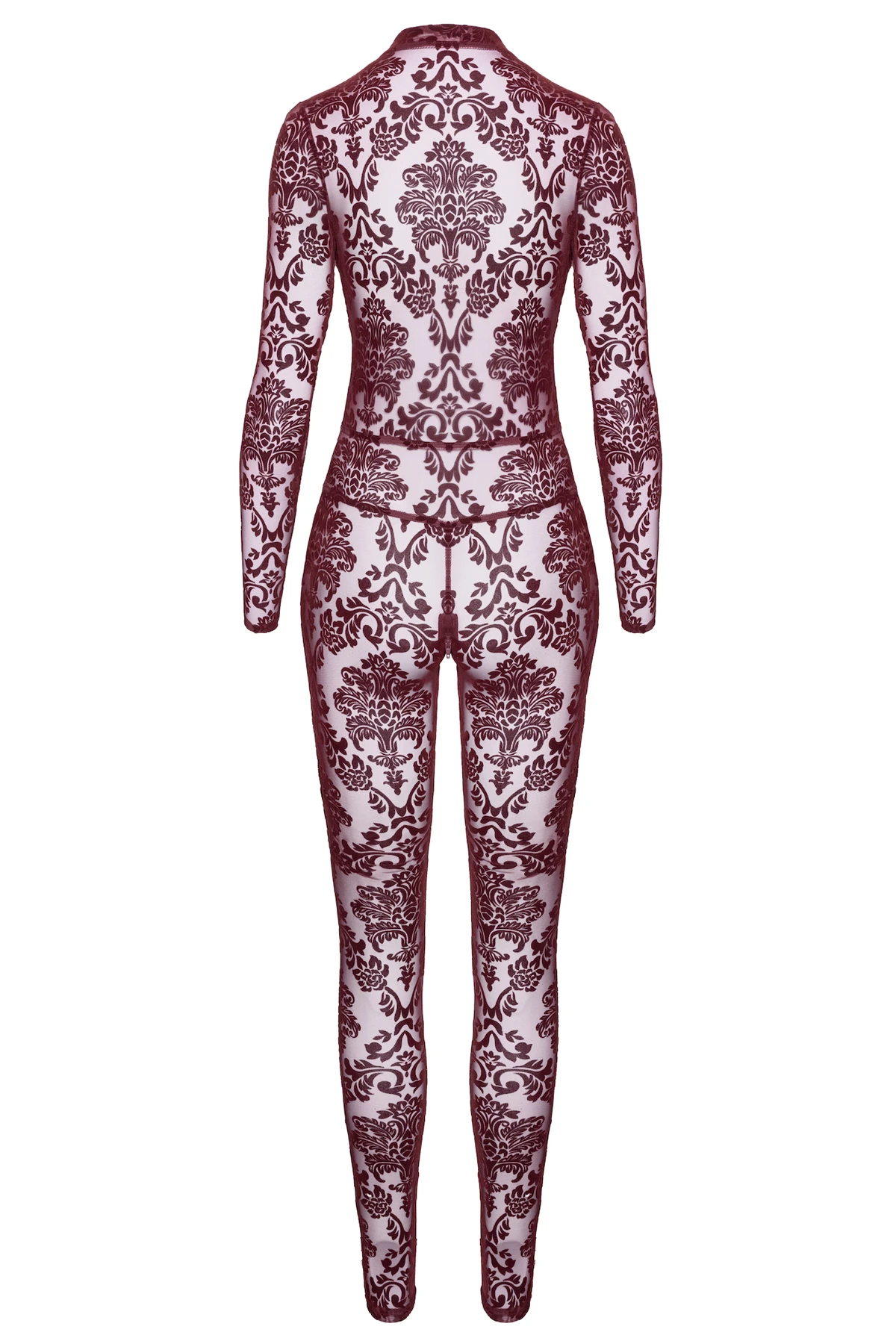 F382 Kinky Royal Overall burgunder aus transparentem Flocktüll mit tiefem Ausschnitt, figurbetonend, langen Ärmeln und 2-Wege-Reißverschluss im Schritt für einen heißen Look von Noir Handmande