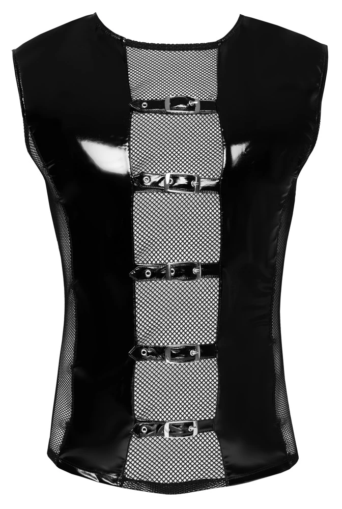 Extravagantes ärmelloses Shirt von Black Level aus bi-elastischem Lack mit Netz-Einsätzen vorne, seitlich und hinten. Mit 5 stylischen Schnallenriemen in der Front. Extravagantes ärmelloses Shirt von Black Level aus bi-elastischem Lack mit Netz-Einsätzen vorne, seitlich und hinten. Mit 5 stylischen Schnallenriemen in der Front.