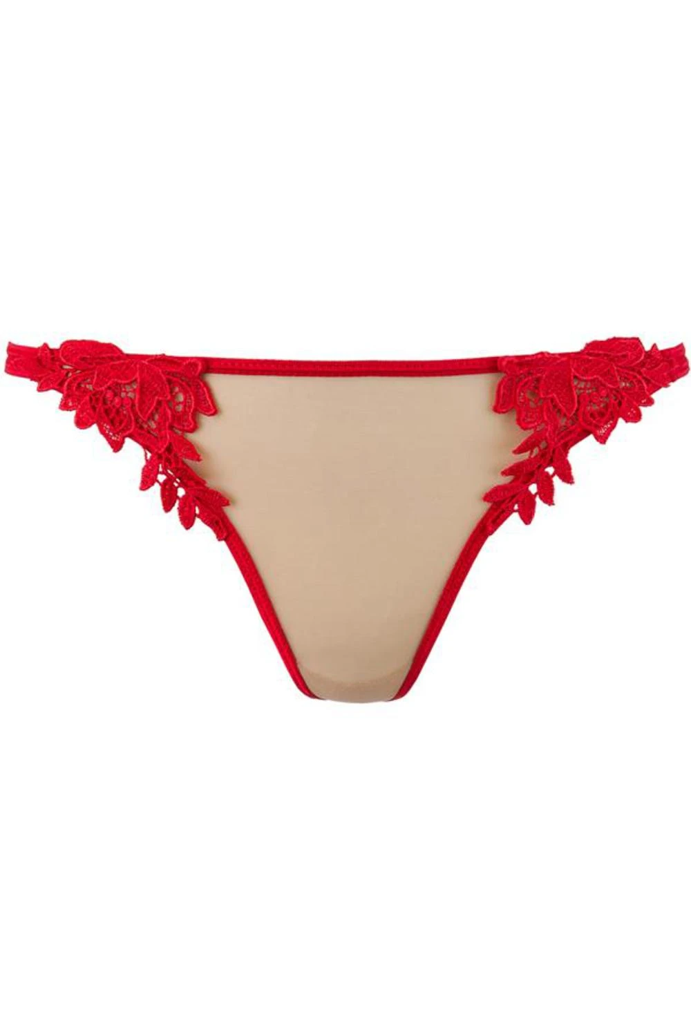Axami zarter String aus beigen Stoff mit roter Stickerei verziert