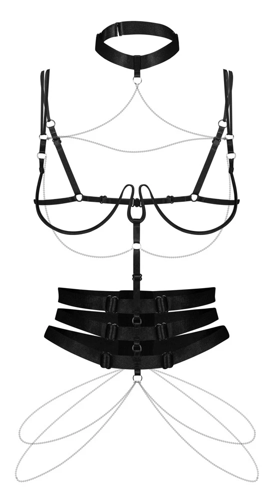 Harness Premisis mit Kettchenschmuck, verstellbarem Choker-Halsband, ummanteltem Unterbrust-Bügel und dreifachem Taillengurt von Obsessive