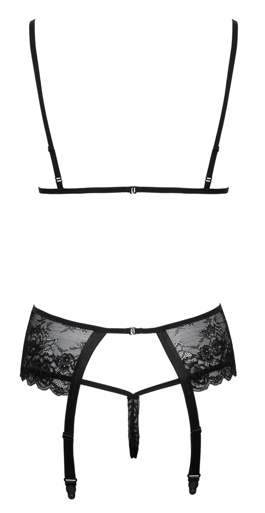 Kissable Soft-BH Strapsgurt und String Set aus schwarzer Spitze mit goldfarbenen Details sowie Schleifchen und funkelndem Glitzerstein