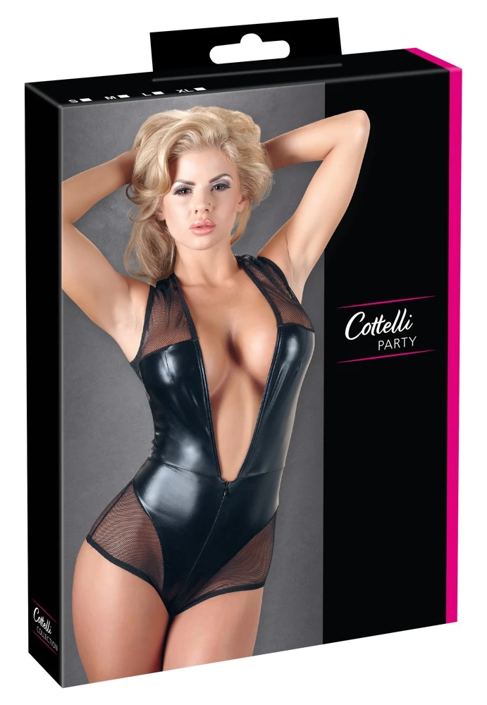 Cottelli PARTY Dessous Body am Schritt zum öffnen Wetlook und Netz Mix schwarz