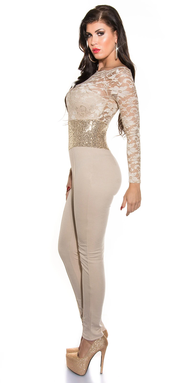 Röhren Overall mit langen Ärmeln mit Spitze und Paillettentaille Röhren Overall mit langen Ärmeln mit Spitze und Paillettentaille