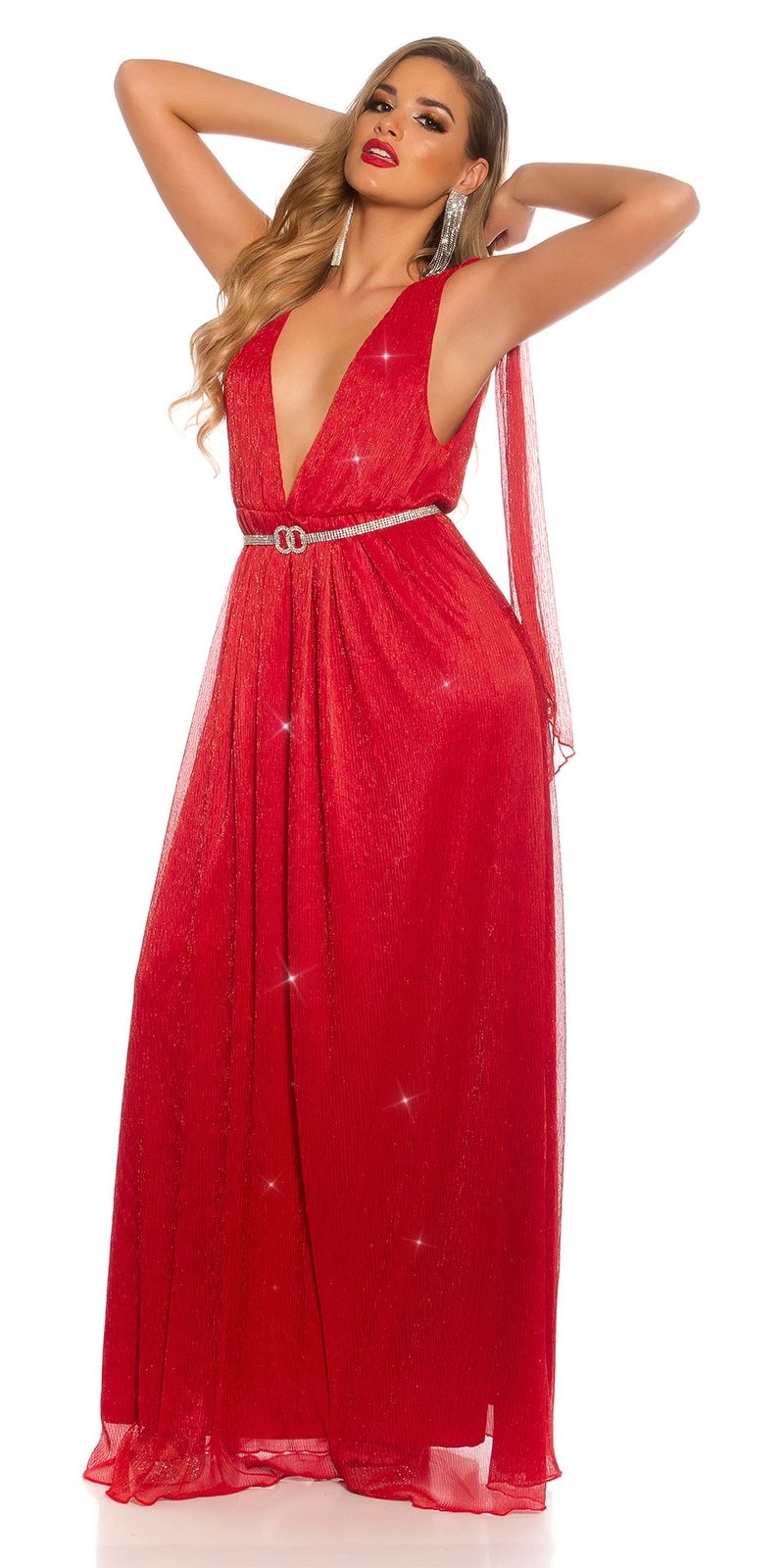 Doppel V-Neck Glitter Silvester Maxi Cocktail Kleid mit Deko Schleppen Doppel V-Neck Glitter Silvester Maxi Cocktail Kleid mit Deko Schleppen