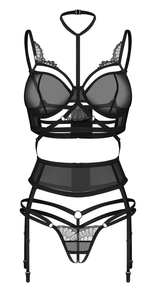 Obsessive Set Premisis Bügel-BH Strapsgürtel und Ouvert-String in schwarzer Spitze mit verstellbarem Choker-Halsband