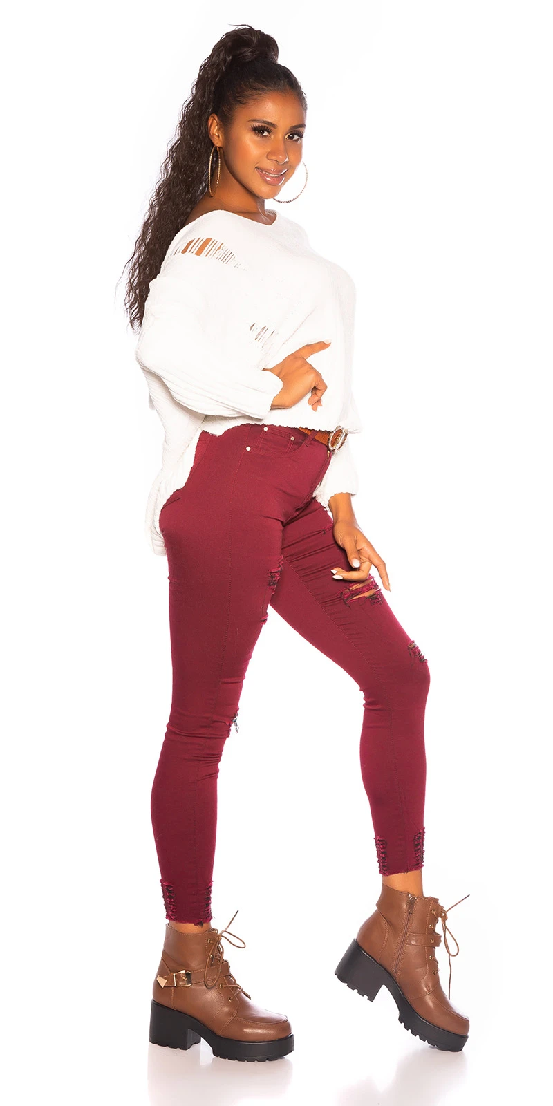 Used Look Crop Grobstrick Vokuhila Pullover mit Kapuze