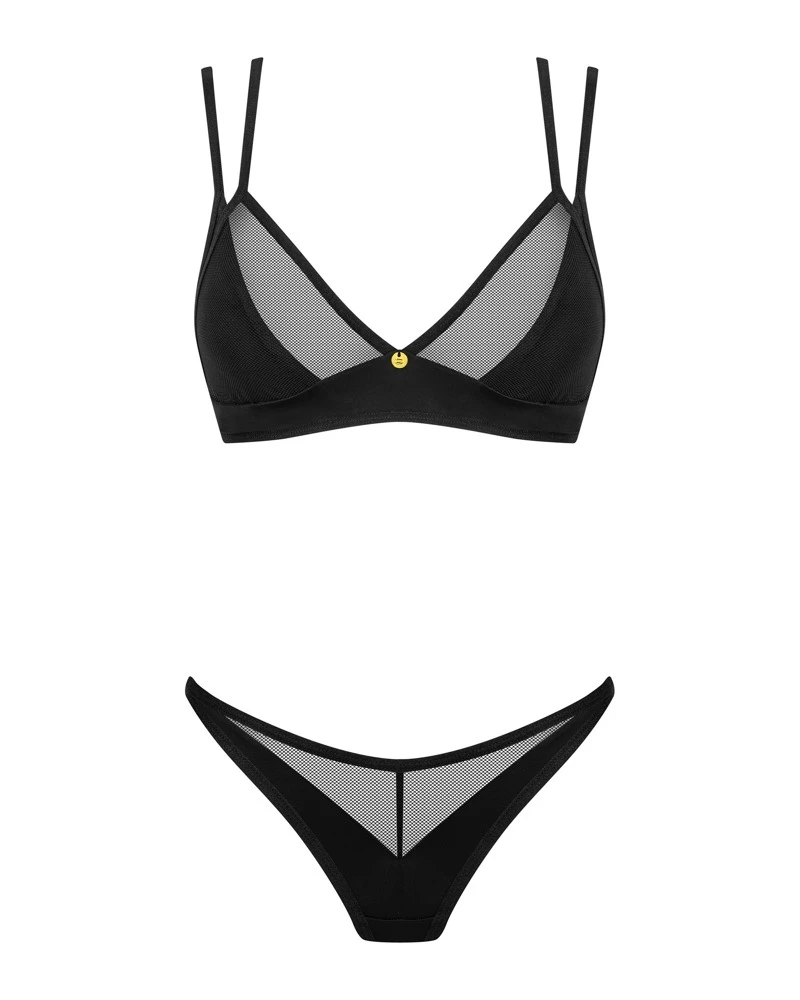 Obsessive BH und String im schwarzen Set Nesari aus blickdichten Stretchmaterial im stylischen Mix mit weichem elastischen Netz.