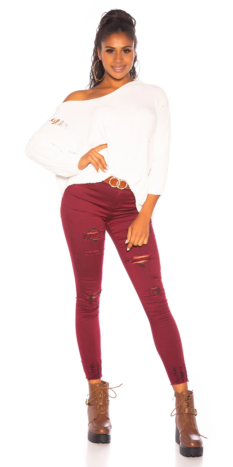 Used Look Crop Grobstrick Vokuhila Pullover mit Kapuze
