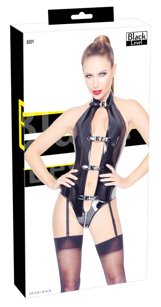 Provozierender Body von Black Level komplett im schwarzen Lackglanz mit 4 verstell- und abnehmbaren Strumpfhaltern.