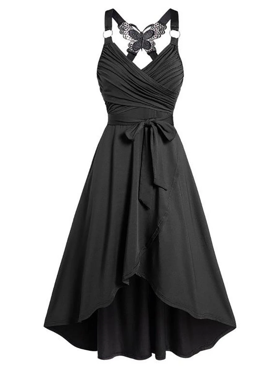 Mittellanges Kleid schwarz Gothic, Ärmelloses Romantisches Kleid mit Schleife und Stickerei