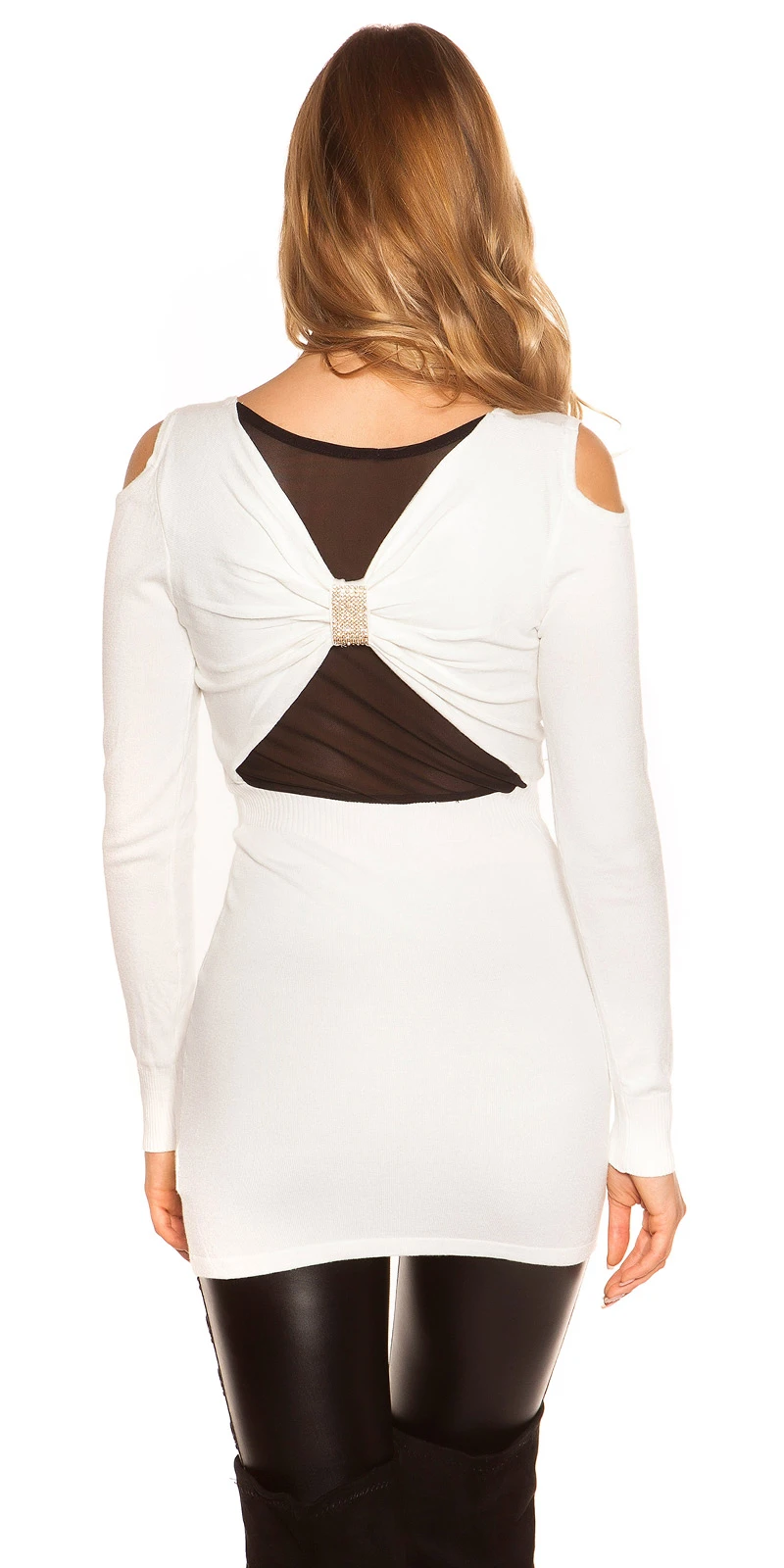 Cold Shoulder V-Neck Long Pullover mit Deko Strass und Mesh Cold Shoulder V-Neck Long Pullover mit Deko Strass und Mesh