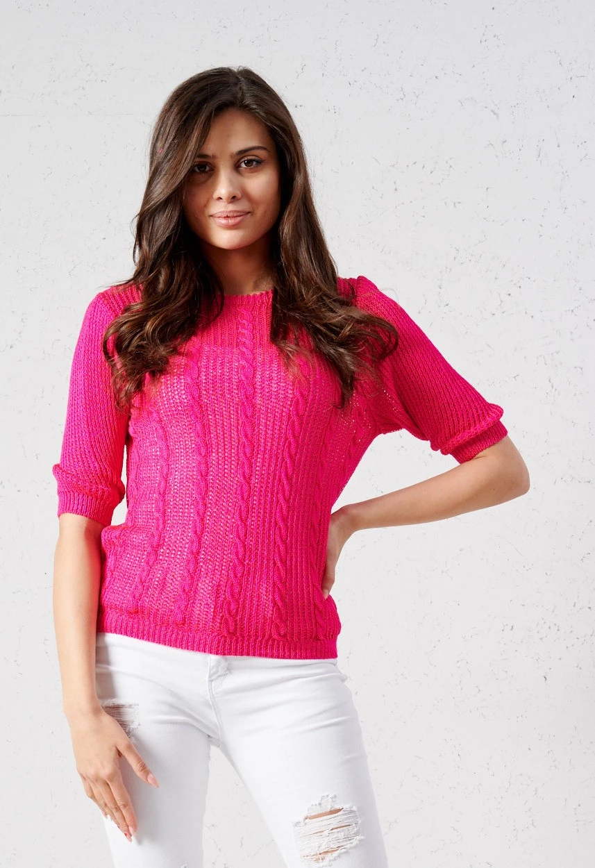 Uni Kurzarm Strick Pullover mit Zopf-Muster Uni Kurzarm Strick Pullover mit Zopf-Muster