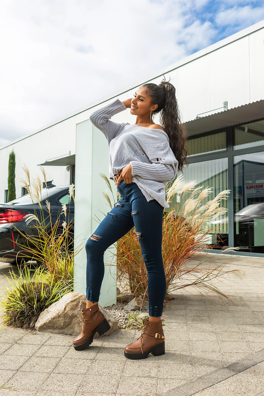 Used Look Crop Grobstrick Vokuhila Pullover mit Kapuze Used Look Crop Grobstrick Vokuhila Pullover mit Kapuze