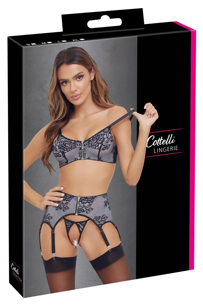 Cottelli LINGERIE Zweifarbiges Spitzen Set Soft-BH, Strapsgurt & String Ouvert Dessous Set
