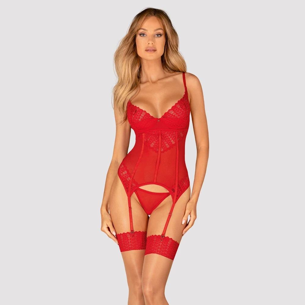 Obsessive Straps-Corsage und String im roten Set Ingridia. Straps-Corsage aus weicher elastischer Spitze und feinem Stretchtüll. Obsessive Straps-Corsage und String im roten Set Ingridia. Straps-Corsage aus weicher elastischer Spitze und feinem Stretchtüll.