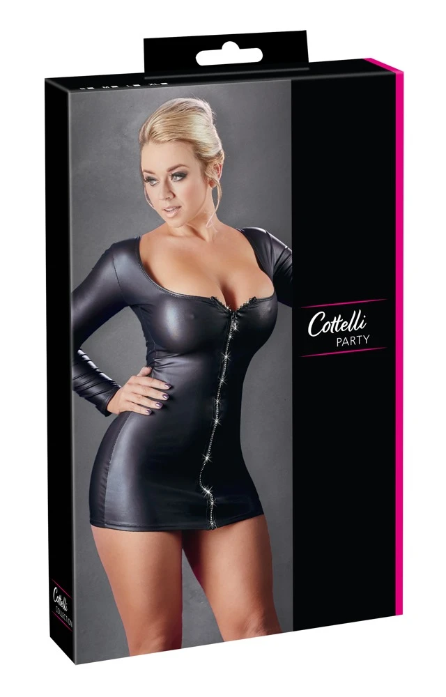 Cottelli PARTY Wet Minikleid mit Glitzerzip enges kurzes Langarm-Kleid