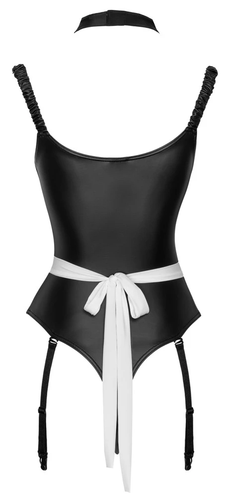 Cottelli Dienstmädchen-Kostüm 3-teilig mit Straps-Body Schürzchen und Halsband im schwarzen Mattlook mit tiefem Raff-Dekolleté