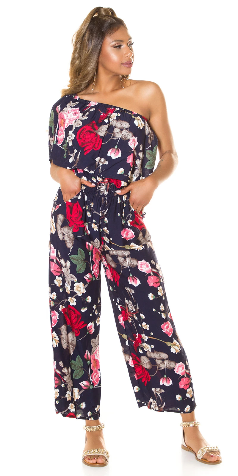 Rose Printed One Shoulder Maxi Marlene Viskose Jumpsuit mit Volant