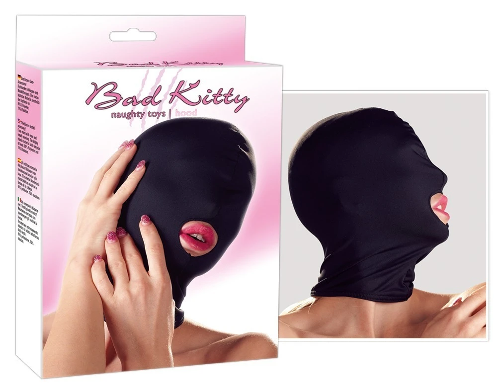 Schwarze, enganliegende Kopfmaske von Bad Kitty aus weichem Stretchmaterial mit Mundöffnung.