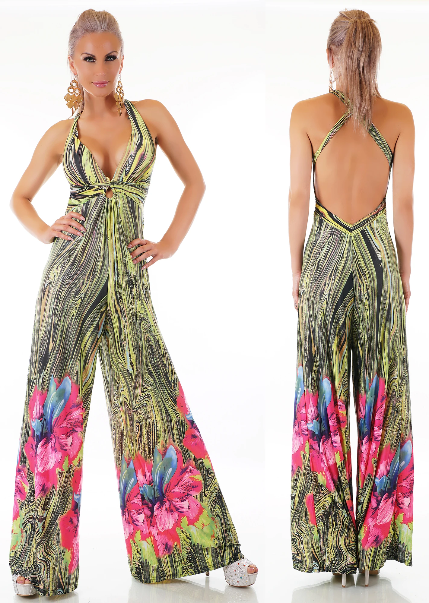 Tropical Sommer Printed Maxi V-Neck Träger Marlene Jumpsuit Rückenfrei Tropical Sommer Printed Maxi V-Neck Träger Marlene Jumpsuit Rückenfrei
