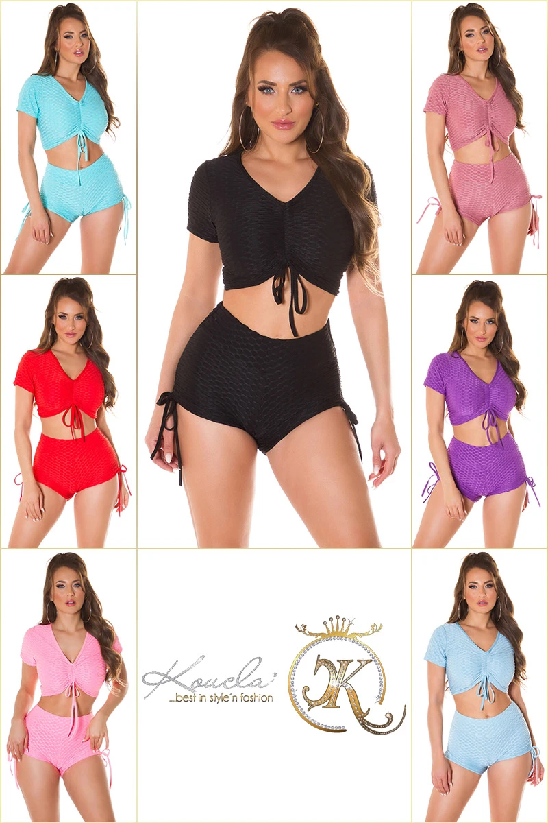 Hot Crop Workout Trainings Outfit mit Raffung und Shape Effekt