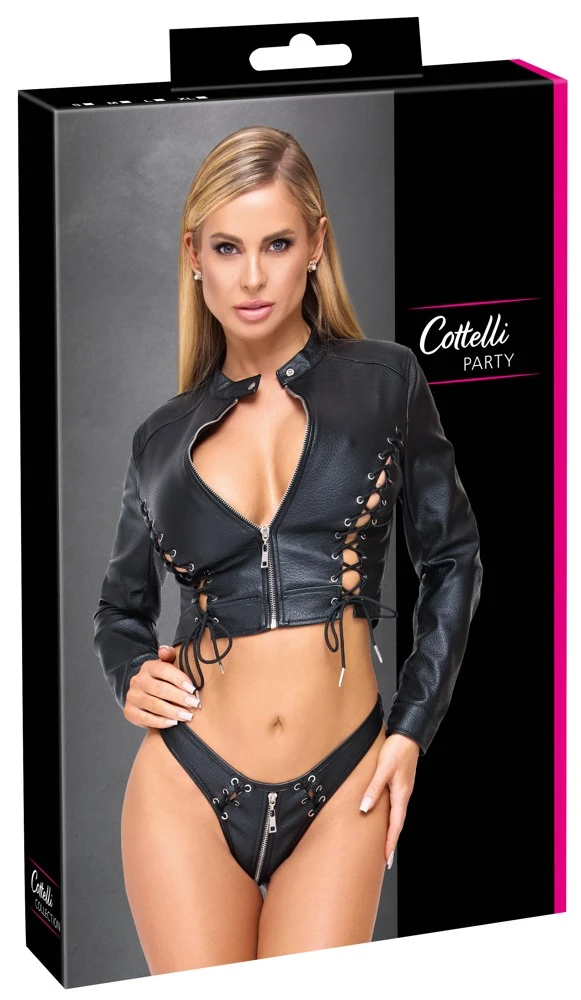 Cropped Jacke & Riostring Dessous Set Lederimitat mit Reißverschluss und Schnürung bauchfrei schwarz sexy Swinger Clubwear Cottelli PARTY