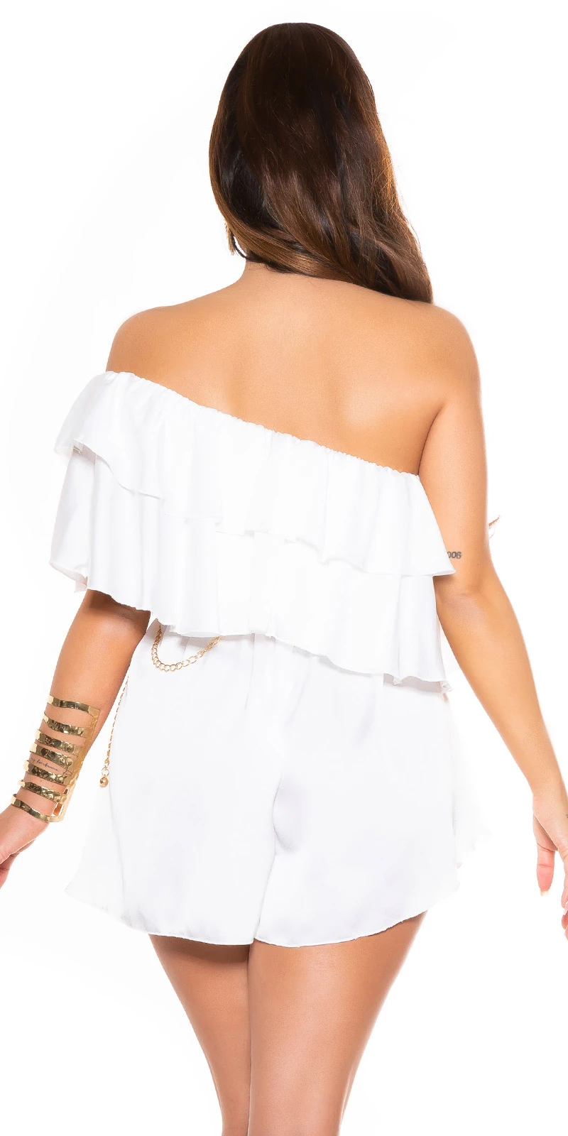 Satin Look Off Shoulder Hotpants Jumpsuit mit Volant Satin Look Off Shoulder Hotpants Jumpsuit mit Volant