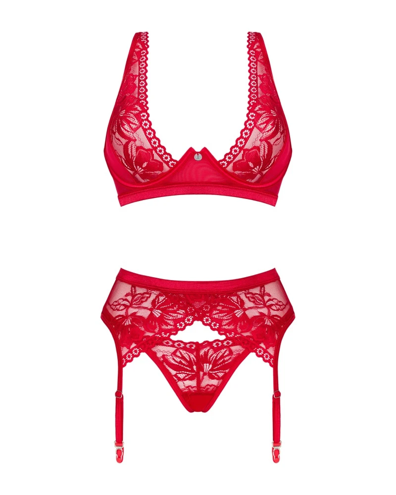 Obsessive 3-teiliges Straps-Set Lacelove mit Bügel-BH, Strapsgurt und String aus schöner roter Spitze. Weich und elastisch für tollen Tragekomfort.
