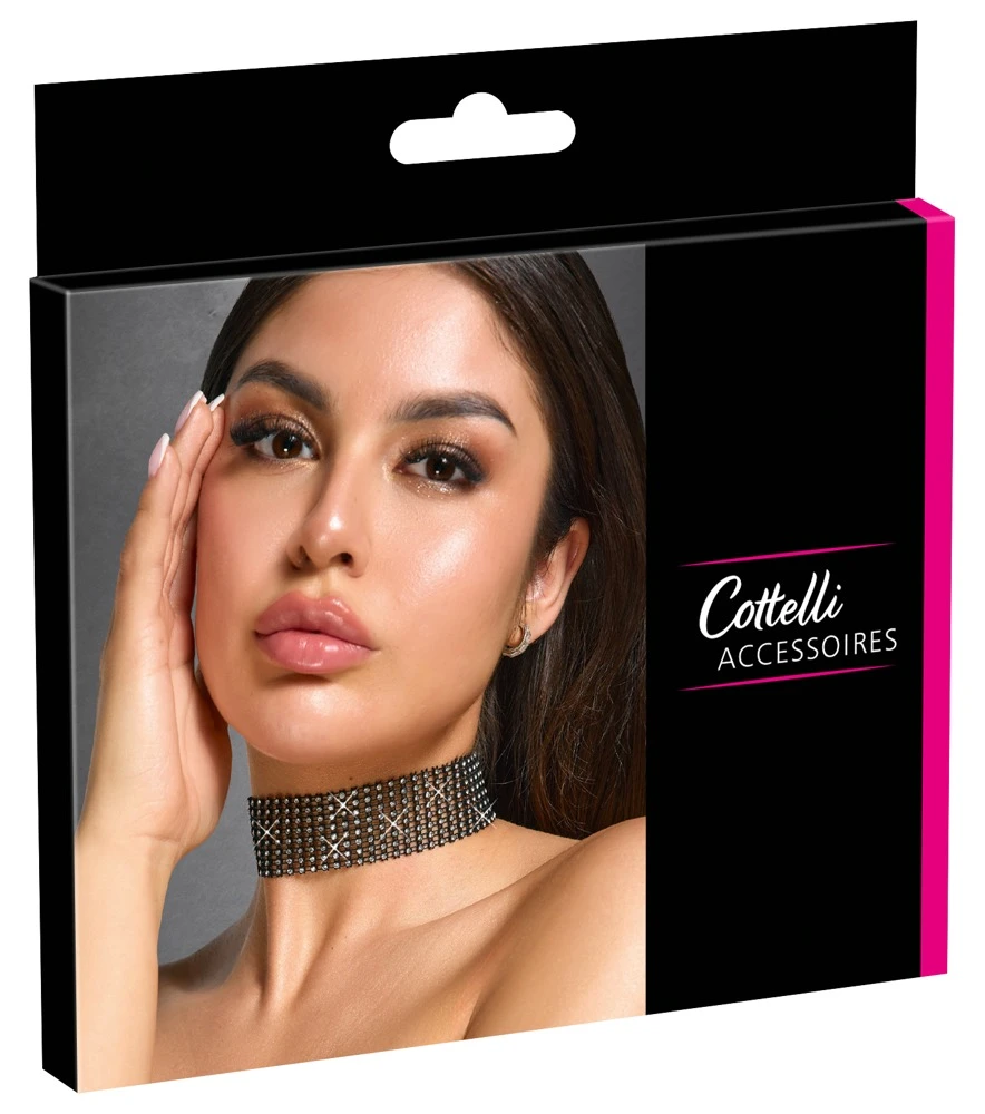 Schwarzes schillerndes Halsband von Cottelli ACCESSOIRES besetzt mit unzähligen Strasssteinchen.
